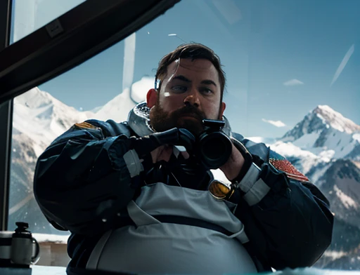  Bearded astronaut, plump, chubby, extremely thick thighs, large belly, fat, using a dummy for observation, He holds the binoculars with both hands close to His Face, icy mountains, snowy place, the Astronaut using binoculars to observe( frontal image) Holding a pair of binoculars. dynamic photography.