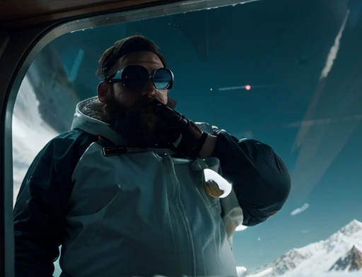 Bearded astronaut, plump, chubby, extremely thick thighs, large belly, fat, using a dummy for observation, He holds the binoculars with both hands close to His Face, icy mountains, snowy place, the Astronaut using binoculars to observe( frontal image) Holding a pair of binoculars. dynamic photography.