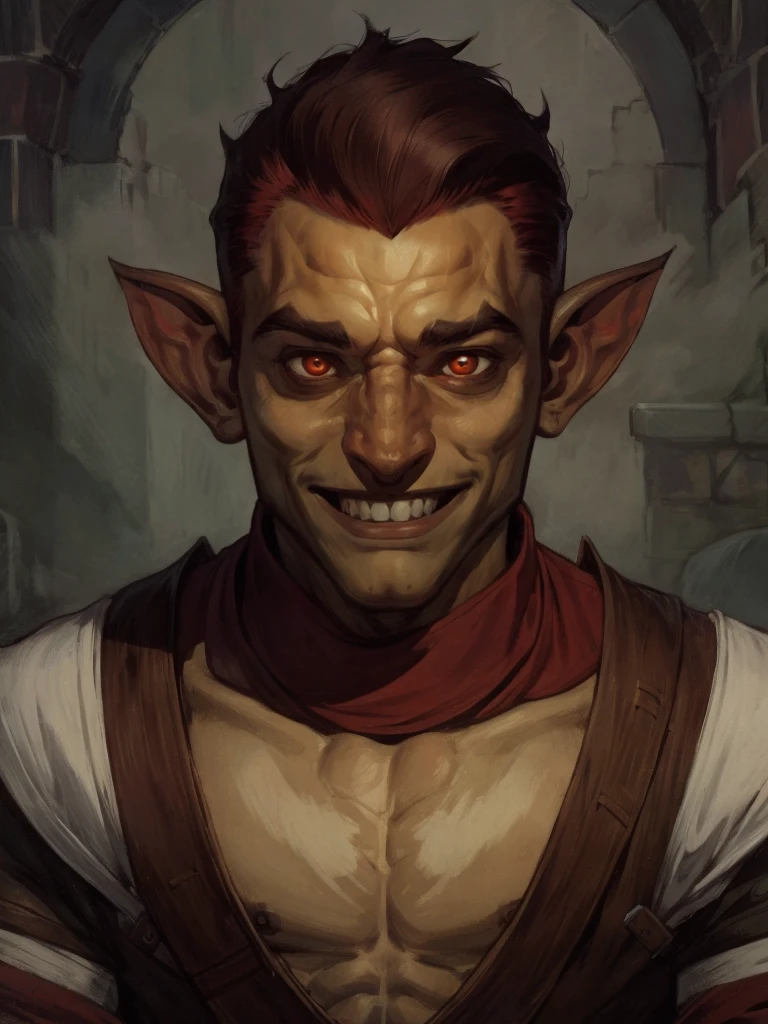 male goblin, goblin, ((g0blin)), DnD Clerics's, wearing a lined tunic, medallion, holy symbol, (((red eyes))), (proud:1.4), (confident:1.2), ((smile, tusks)), (short white hair, spiked hair), | (8k, RAW photo, best quality, masterpiece:1.2), ultra-detailed, (high detailed skin:1.2), 8k uhd, dslr, soft lighting, high quality, ((upper body:1)), (centered:1.2), ((LOOKING at the VIEWER)), asura, film grain, highly detailed shading, ((perfect_hands):1), Goodhands-beta2, Detailed eyes, perfect face, perfect eyes, Detailed face, ((a manga drawing by Kentaro Miura)),