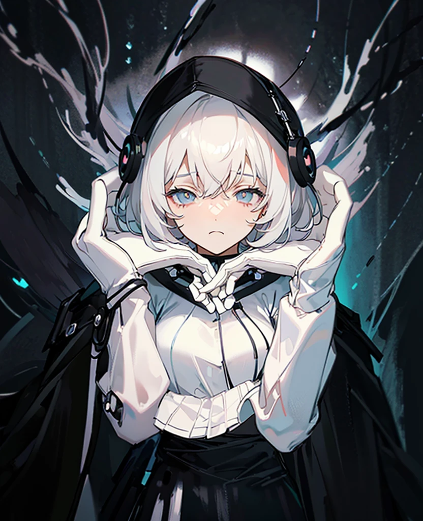 Masterpiece,Best quality,(A gloomy painting style:1.6),Solo,Boy,White hair,Short hair,(White shirt:1.4),((Face)) shirt,Shorts,Coat,Hood,Sneakers,Black coat,No breasts,Long sleeves,bangs,Fingerless gloves,Short hair,hair between eye,((gloomy expression)),(Pure black background:1.4),1 girl,monochrome,upper_body,gloom,hood,heart,hands up,holding heart,(heart with hands:1.4)