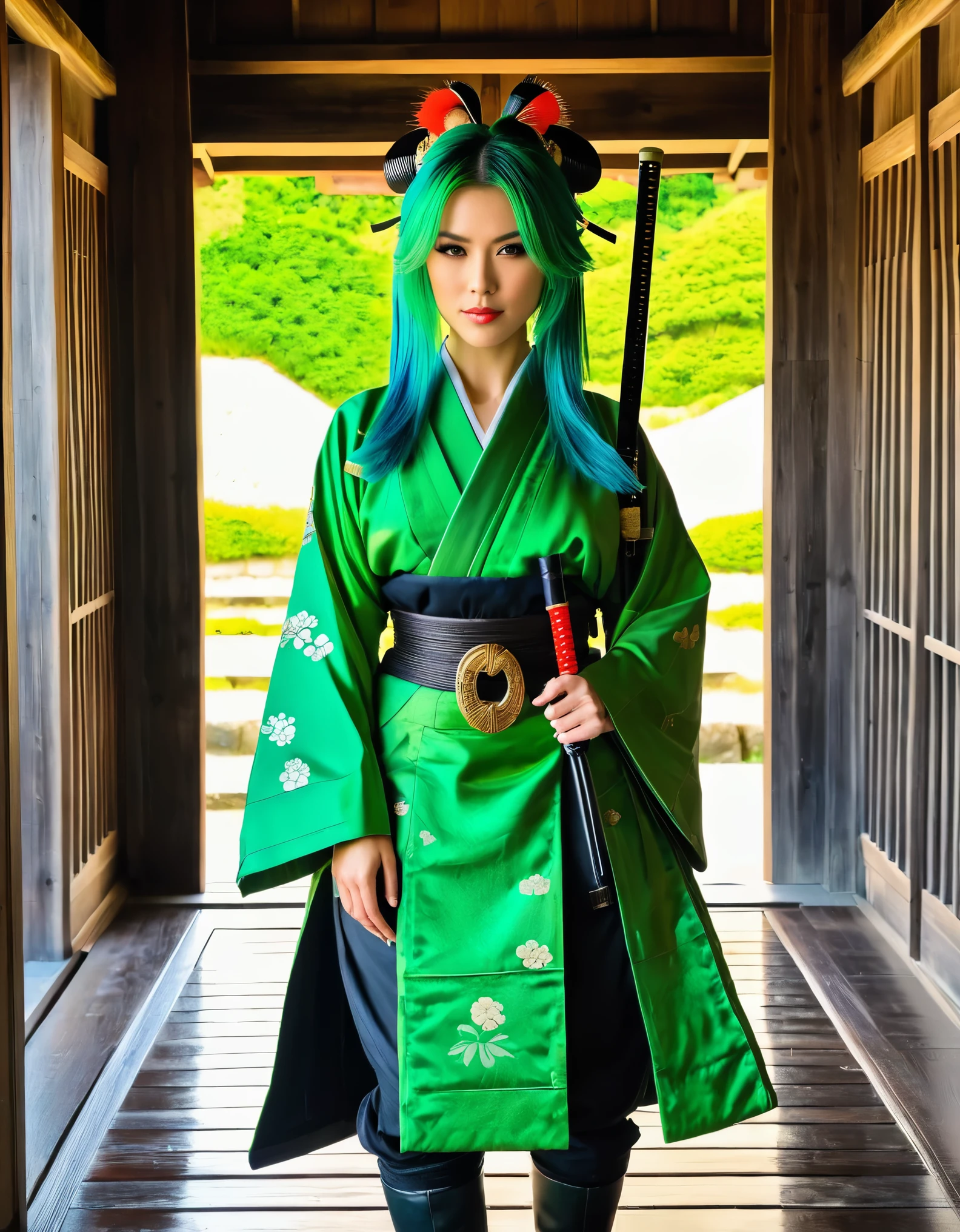 A woman with green hair, dressed in a traditional samurai outfit, standing in a historical Japanese castle.