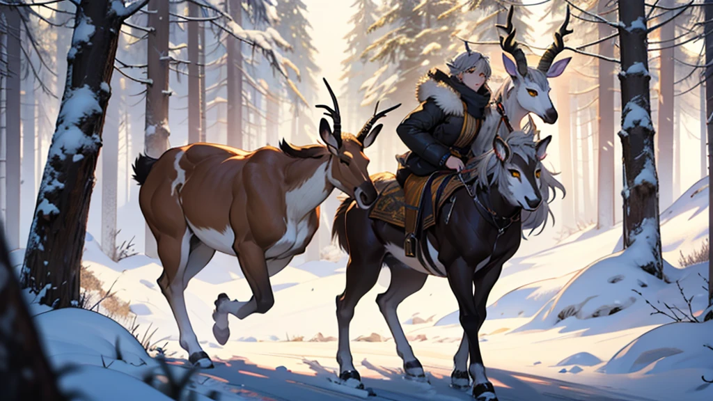 beautiful faun girl 25 years old, measures 185 cm antelope horns, large bust H cup, gray hair tied up, winter clothes and yellow eyes in full body