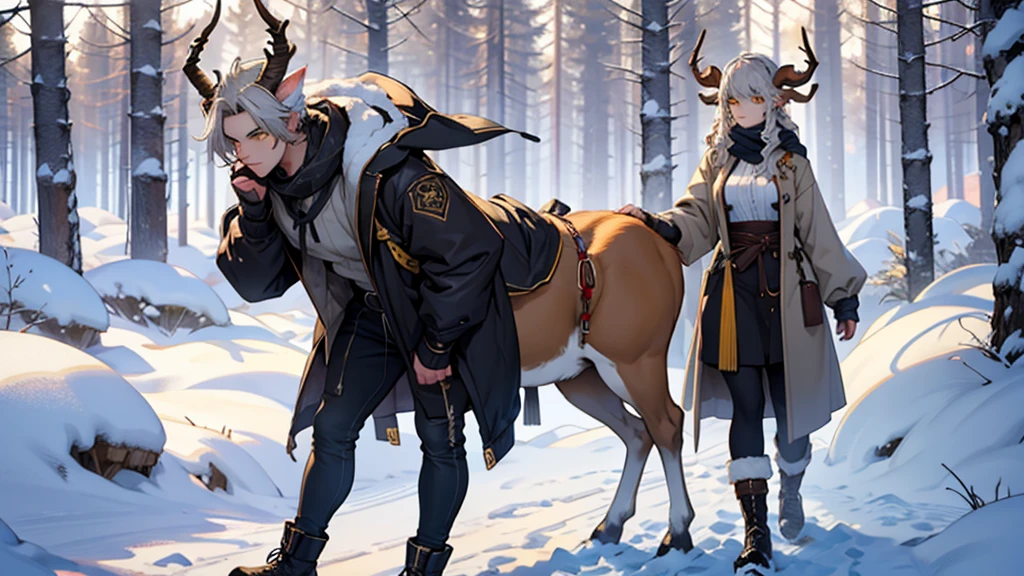 beautiful faun girl 25 years old, measures 185 cm antelope horns, large bust H cup, gray hair tied up, winter clothes and yellow eyes in full body