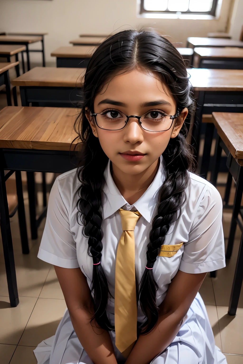 kneeling in the classroom  , Sri lanka school girl with long hair wearing a tie and glasses, wearing white frock, with black braided hair, wearing a , cute , with long hair, girl with plaits, with lovely look,