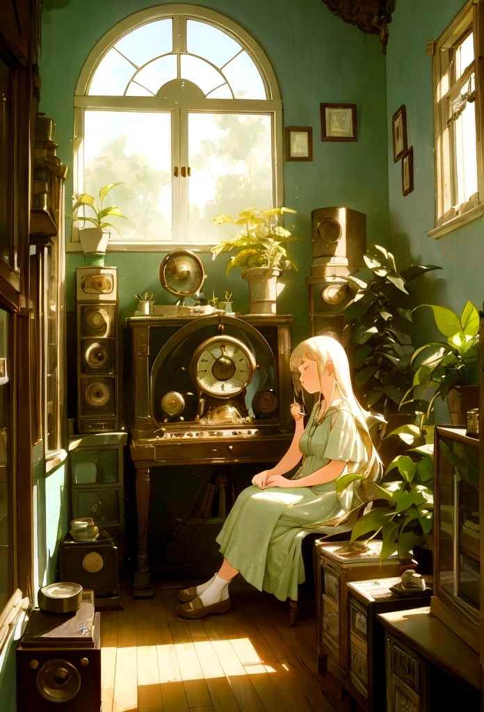 A calm lo-fi girl sitting by a window with soft sunlight streaming in, Immerse yourself in music, A vintage room filled with records and plants, Evokes a sense of nostalgia and relaxation, figure, Digital Art, --16 pieces:9-5 o'clock