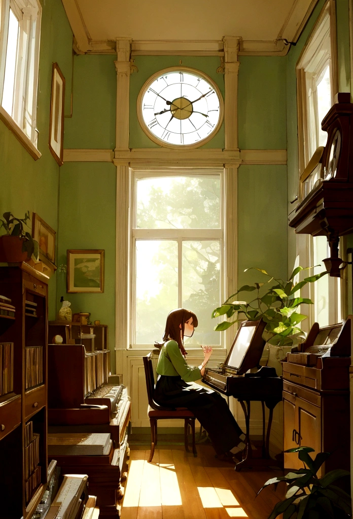 A calm lo-fi girl sitting by a window with soft sunlight streaming in, Immerse yourself in music, A vintage room filled with records and plants, Evokes a sense of nostalgia and relaxation, figure, Digital Art, --16 pieces:9-5 o&#39;clock
