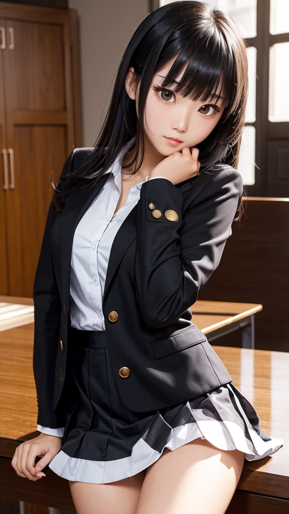 ((Tabletop)), (Detailed face), (highlight), Asian Girl、thigh、Black Hair、Heavy bangs、high school girl、skirt、blazer、Support your chest with your arms、Gazing Eyes、