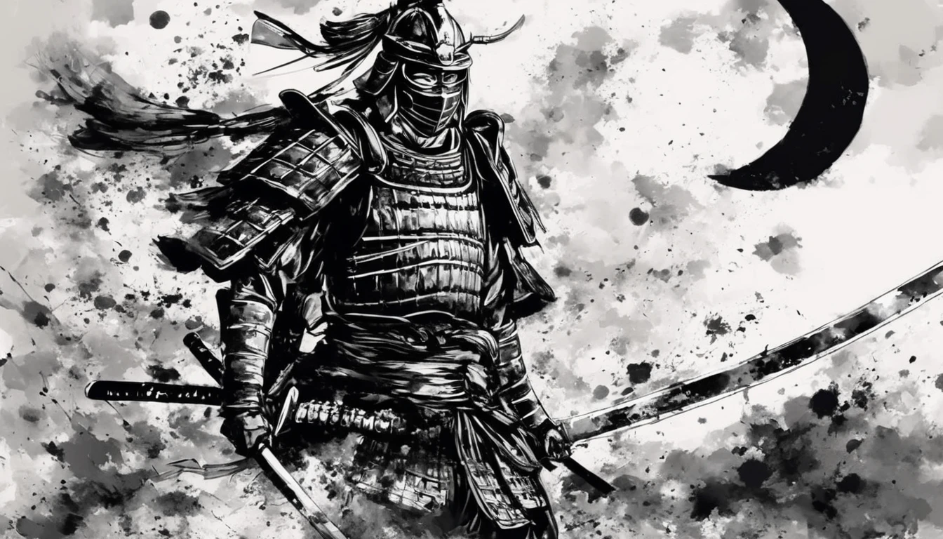 Black and white painting,Ink Painting,Draw a crescent moon using a splatter brush.,(medical mask:1.2,samurai armor:1.2,),(placket,Armor and helmet of Oda Nobunaga.,:1.2,),