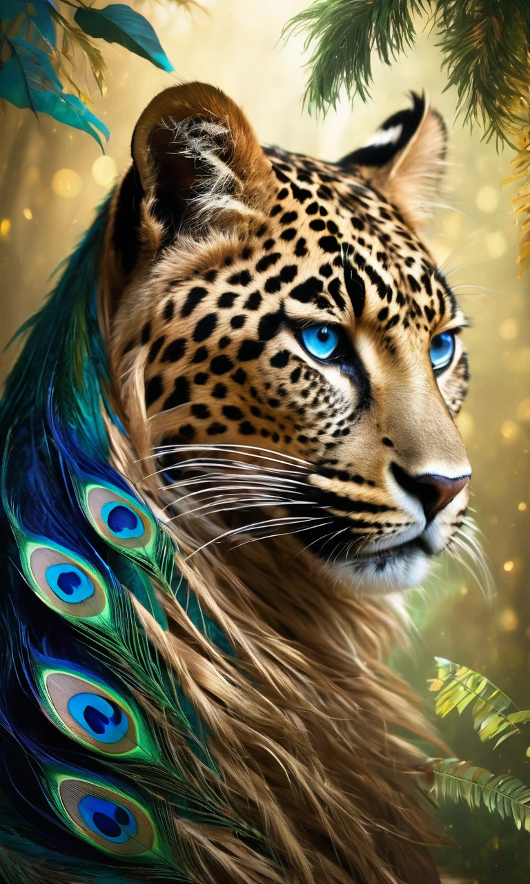 A mystical hybrid creature combining the features of a peacock and a leopard:
- The body is covered in sleek fur with the rosette patterns of a leopard
- The creature has a long, flowing tail adorned with vibrant, peacock-like feathers, featuring eye-catching blue, green, and gold eye spots
- The head and neck are similar to a peacock's, with bright blue feathers and a distinctive crest on the head
- The creature has large, expressive blue eyes like a peacock
- The muscular limbs and powerful build of a leopard, with sharp claws and strong paws
- The skin tone is a blend of the bronze hue of a peacock and the golden fur of a leopard
- The overall appearance is both majestic and intimidating, exuding an aura of mystery and grace
- Set against a mystical forest backdrop, enhancing its ethereal presence