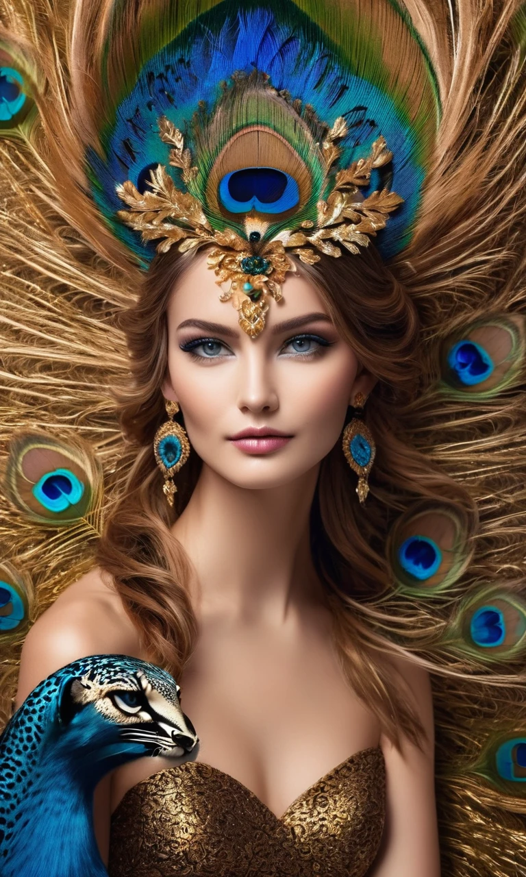 A mystical hybrid creature combining the features of a peacock and a leopard:
- The body is covered in sleek fur with the rosette patterns of a leopard
- The creature has a long, flowing tail adorned with vibrant, peacock-like feathers, featuring eye-catching blue, green, and gold eye spots
- The head and neck are similar to a peacock's, with bright blue feathers and a distinctive crest on the head
- The creature has large, expressive blue eyes like a peacock
- The muscular limbs and powerful build of a leopard, with sharp claws and strong paws
- The skin tone is a blend of the bronze hue of a peacock and the golden fur of a leopard
- The overall appearance is both majestic and intimidating, exuding an aura of mystery and grace
- Set against a mystical forest backdrop, enhancing its ethereal presence