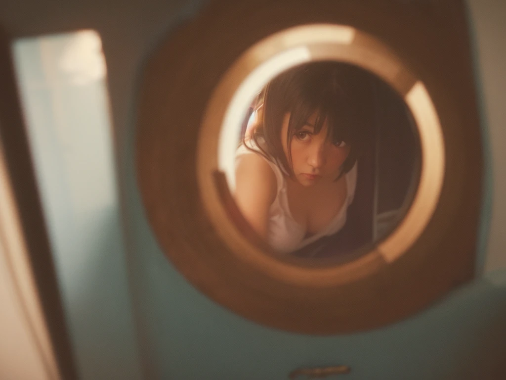 (Peephole view) , Voyeur , (old color negative film) , (soft focus) , (Bokeh:1.3) , woman , woman's messy room , (Activities of daily living) , underwear , looking away , Change underwear , Scratching the groin , behind object , bathing , twilight , dim light , top view
