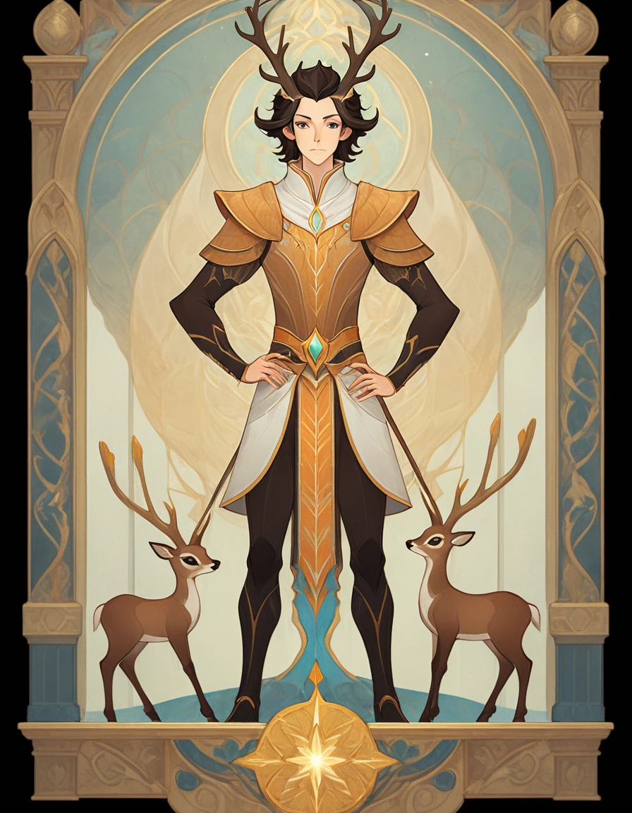 Full body portrait of 1 boy, prince, Standing and painting the whole body., Sika deer, (((single))), clear face, simple line design, ((tarot card background, symmetrical beauty)), Perfectly symmetrical., The art of symmetry, Standing and drawing characters, ((Plain colors)), Masterpiece，highest priority，best quality，Ultra high resolution, ((clear face，beautiful eyes，beautiful face, exquisite face))