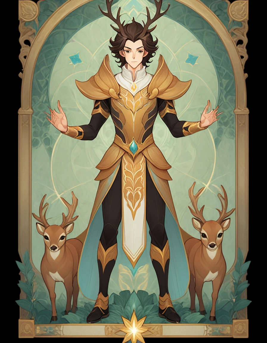 Full body portrait of 1 boy, prince, Standing and painting the whole body., Sika deer, (((single))), clear face, simple line design, ((tarot card background, symmetrical beauty)), Perfectly symmetrical., The art of symmetry, Standing and drawing characters, ((Plain colors)), Masterpiece,highest priority,best quality,Ultra high resolution, ((clear face,beautiful eyes,beautiful face, exquisite face))