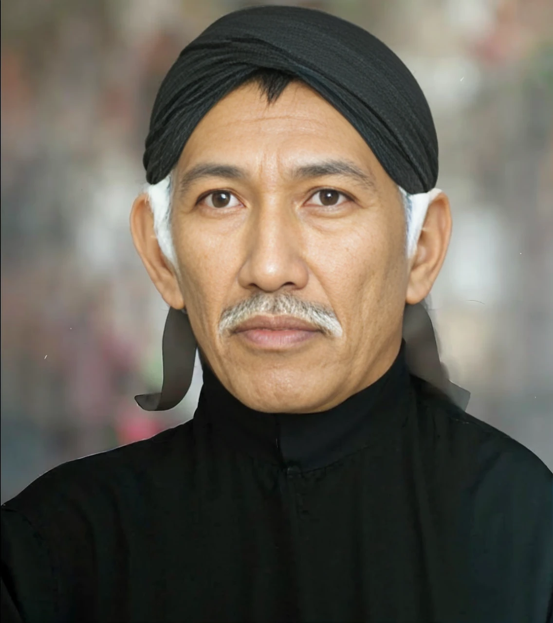 Indonesian Muslim man, wearing blangkon and dark clothes, Javanese nuances, dark brown skin with wrinkles on the forehead, 45 years or over, gray hair and mustache, slightly slanted eyes, sharp nose and thick lower lip. HD realistic images