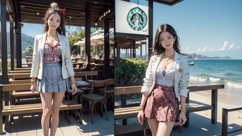 8K、RAW Photos、Highest quality、Super detailed、Super Resolution、Ultra HD、8K壁紙、Amazing details blazer uniform girl ((White blouse with formal collar, Blue Blazer,
Red Check Skirt, Red checkered ribbon on blouse)), Complete limbs, Full Finger,
(((((Starbucks)))))、((((Cafe bench with sea view))))((16 year old female student))、(((((Eat cake、Drink coffee、smile)))))、(((Heart Necklace、Gold bracelet)))
(((Emphasize cleavage)))
((((Full body photo、The whole body is visible、Full body portrait))))