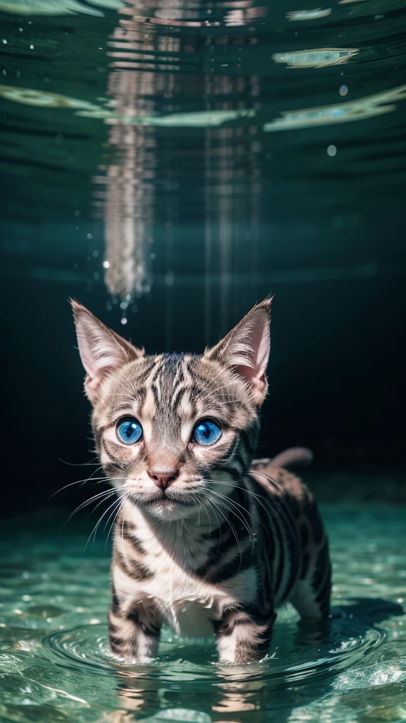 brindle kitten with blue eyes playing and floating in crystal clear water in summer alone