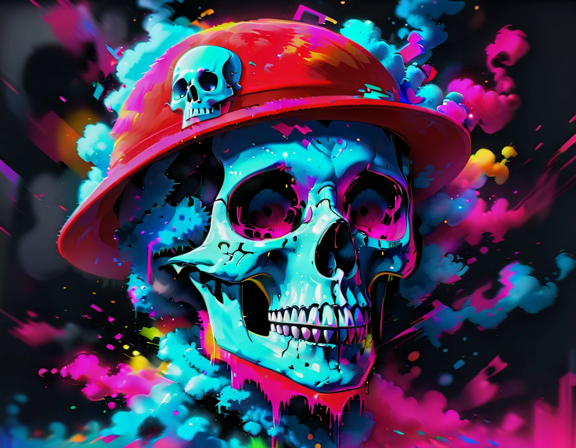 Black Light Skull,Black color glows in the dark,Colorful skull painting,Wearing a red hat,Blue face,The skull is in a fuzzy background,Digital Art 4K Style,Disturbing,A skull appears on the screen,neon glitch,((Glitch Art)),迷幻Glitch Art,Glitch Art,4K style horror color art,Glitch Art美学,模拟Glitch Art,Noisy and glitchy,Scary wallpaper aesthetics。