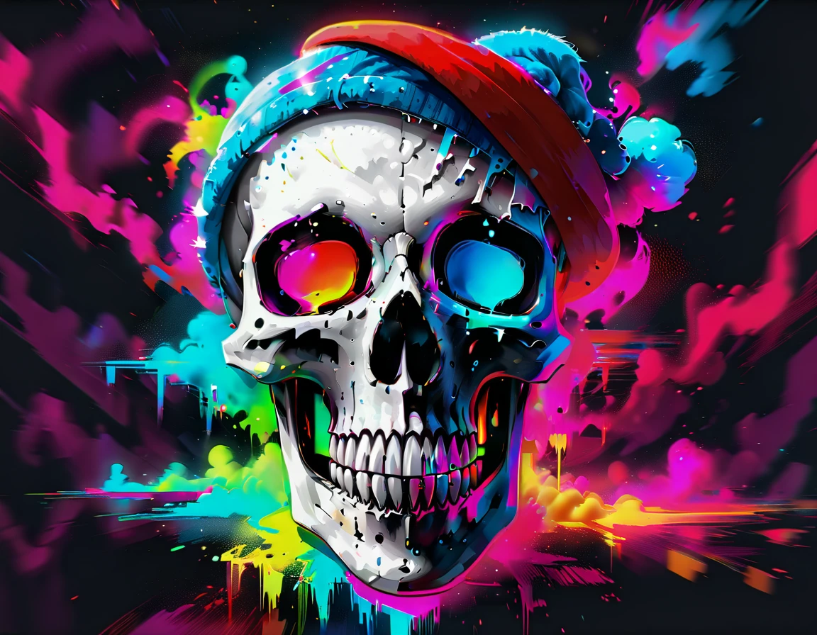 Black Light Skull,Black color glows in the dark,Colorful skull painting,Wearing a red hat,Blue face,The skull is in a fuzzy background,Digital Art 4K Style,Disturbing,A skull appears on the screen,neon glitch,((Glitch Art)),迷幻Glitch Art,Glitch Art,4K style horror color art,Glitch Art美学,模拟Glitch Art,Noisy and glitchy,Scary wallpaper aesthetics。