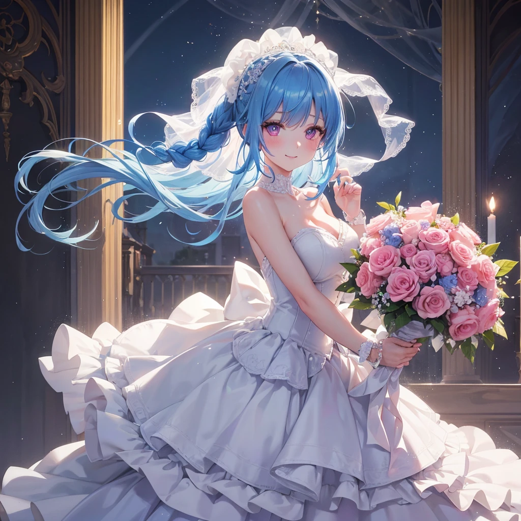 Sky blue hair, (Braided Ponytail),(Pink Eyes),Fair skin ,(whole body),(One girl),bride,A big smile,Straight bangs, 6月のbride,Wedding dress,(masterpiece, Highest quality, Very detailed, Best Shadow), (Detailed Background), (Beautifully detailed face), High Contrast, (Best lighting, Very delicate and beautiful), ((Cinematic Light)), colorful, Hyper Detail, Dramatic Light, Intricate details,Chapel background,Bouquet of roses,Ring on left ring finger,
