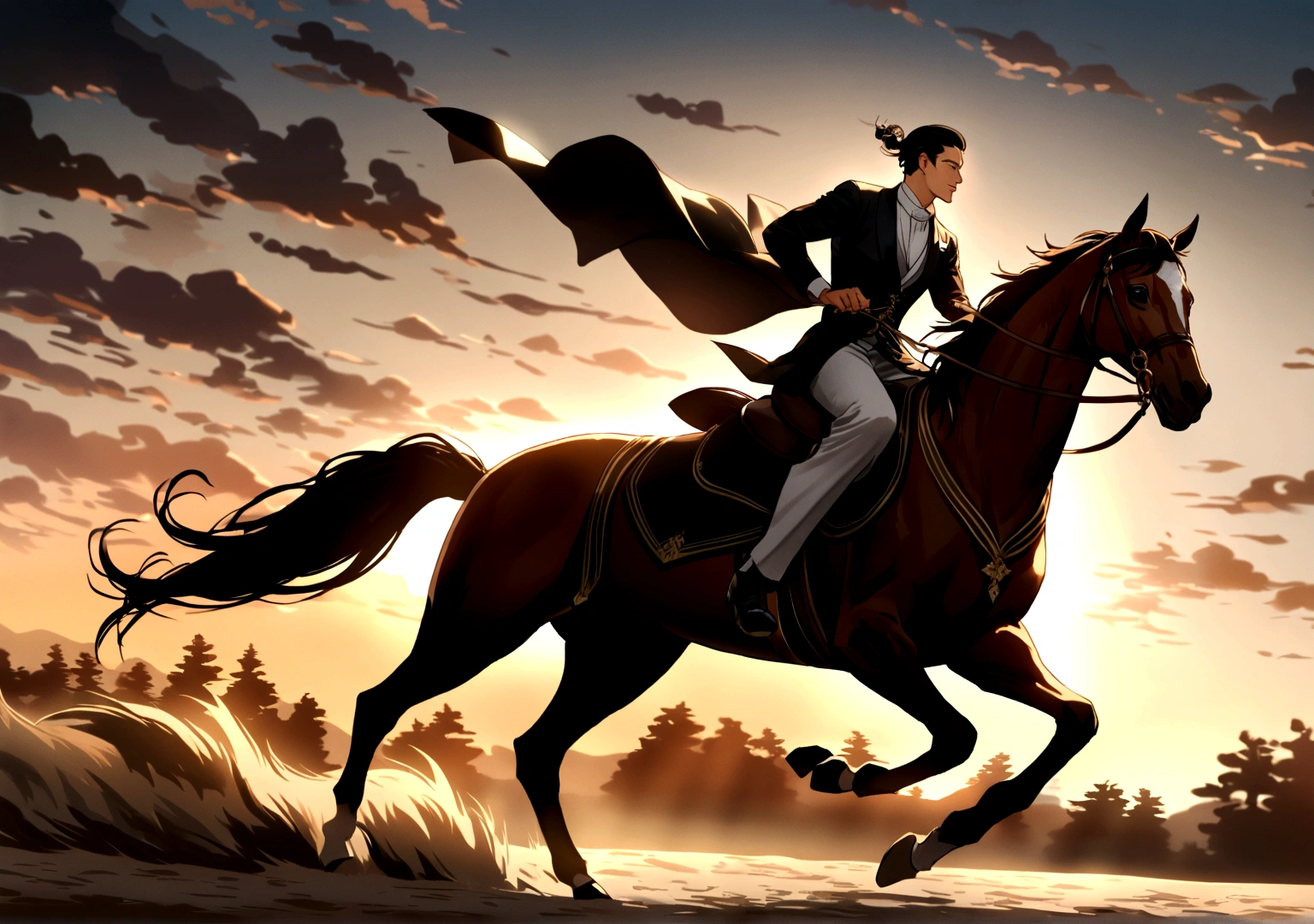 Ancient style man riding a horse, Galloping horses, Dynamic elegance, Mysterious atmosphere, Timeless charm, side view, Clear facial features at golden hour
