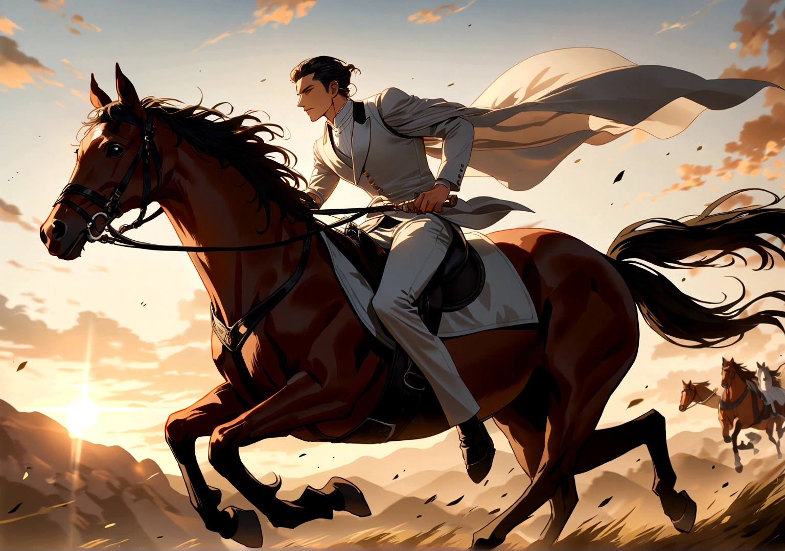 Ancient style man riding a horse, Galloping horses, Dynamic elegance, Mysterious atmosphere, Timeless charm, side view, Clear facial features at golden hour