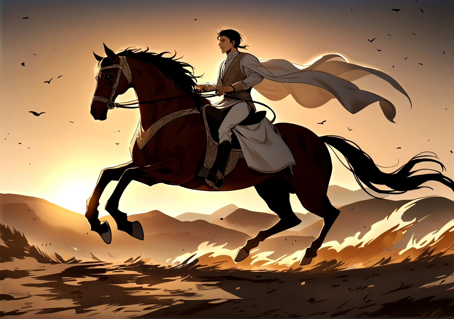 Ancient style man riding a horse, Galloping horses, Dynamic elegance, Mysterious atmosphere, Timeless charm, side view, Clear facial features at golden hour