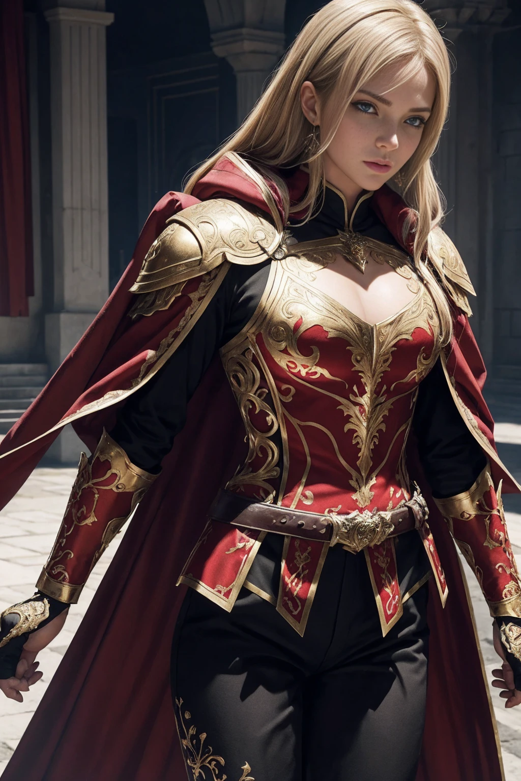 8K,A young blonde girl wearing a gorgeous red, white, and black chest armor., Super beauty(Like the real thing)real looking skin,Beautiful Princess Knight,blue eyes, Princess Knight, ((Beautiful and fantastic Princess Knight)), An elegant , gorgeous princess paladin,  Beautiful Princess Knight,超A high resolution,Masterpiece,A hyper-realistic,Fantasyart,curacter art,cinestill 800,alluring glance,A sexy,a closeup,A sexy chest armor,Thin and well-muscled body,combat scene,action scene,actionpose,Equipped with a rapier on the waist,Royal coat of arms carved into the chest armor,red and white luxurious cloak,Fight enemies,slender body,well-muscled,gorgeous red and black pants(Golden embroidery),tiny chest,Juvenile look,Rugged look,