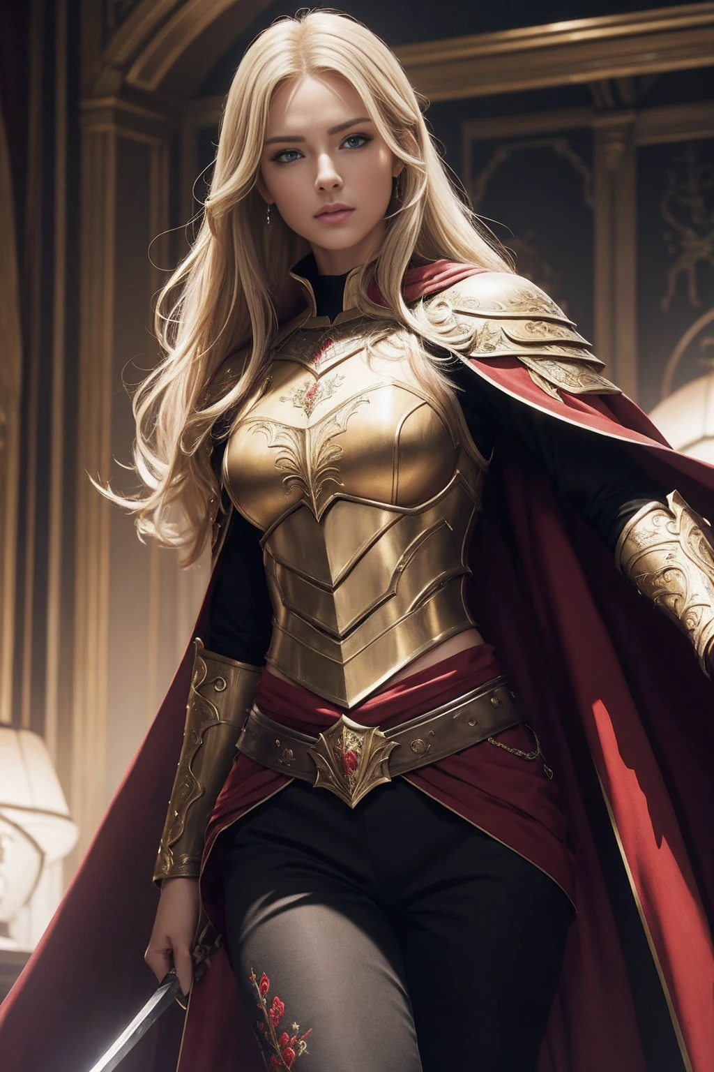8K,A young blonde girl wearing a gorgeous red, white, and black chest armor., Super beauty(Like the real thing)real looking skin,Beautiful Princess Knight,blue eyes, Princess Knight, ((Beautiful and fantastic Princess Knight)), An elegant , gorgeous princess paladin, Beautiful Princess Knight,超A high resolution,Masterpiece,A hyper-realistic,Fantasyart,curacter art,cinestill 800,alluring glance,A sexy,a closeup,A sexy chest armor,Thin and well-muscled body,combat scene,action scene,actionpose,Equipped with a rapier on the waist,Royal coat of arms carved into the chest armor,red and white luxurious cloak,Fight enemies,slender body,well-muscled,gorgeous red and black pants(Golden embroidery),tiny chest,Juvenile look,Rugged look,