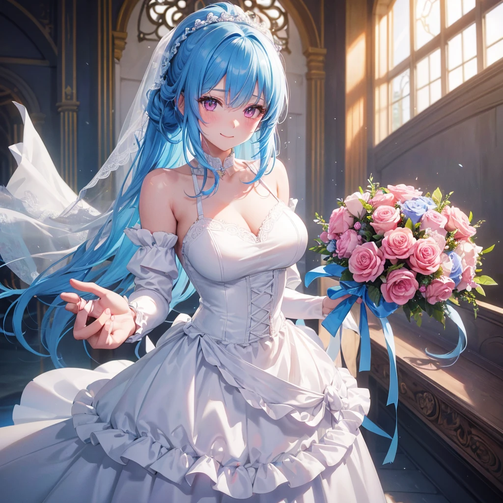 Sky blue hair, (Braided Ponytail),(Pink Eyes),Fair skin ,(whole body),(One girl),bride,A big smile,Straight bangs, 6月のbride,Wedding dress,(masterpiece, Highest quality, Very detailed, Best Shadow), (Detailed Background), (Beautifully detailed face), High Contrast, (Best lighting, Very delicate and beautiful), ((Cinematic Light)), colorful, Hyper Detail, Dramatic Light, Intricate details,Chapel background,Bouquet of roses,Ring on left ring finger,