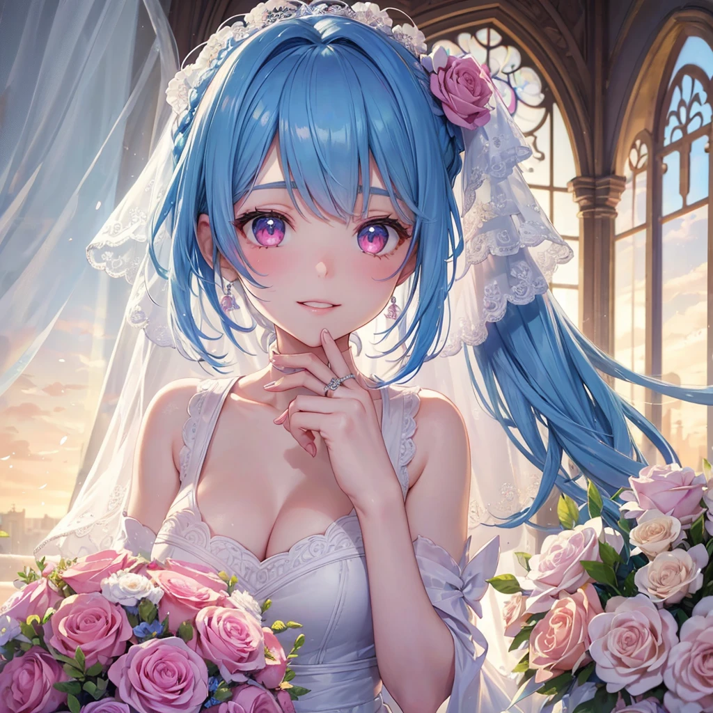 Sky blue hair, (Braided Ponytail),(Pink Eyes),Fair skin ,(whole body),(One girl),bride,A big smile,Straight bangs, 6月のbride,Wedding dress,(masterpiece, Highest quality, Very detailed, Best Shadow), (Detailed Background), (Beautifully detailed face), High Contrast, (Best lighting, Very delicate and beautiful), ((Cinematic Light)), colorful, Hyper Detail, Dramatic Light, Intricate details,Chapel background,Bouquet of roses,Ring on left ring finger,
