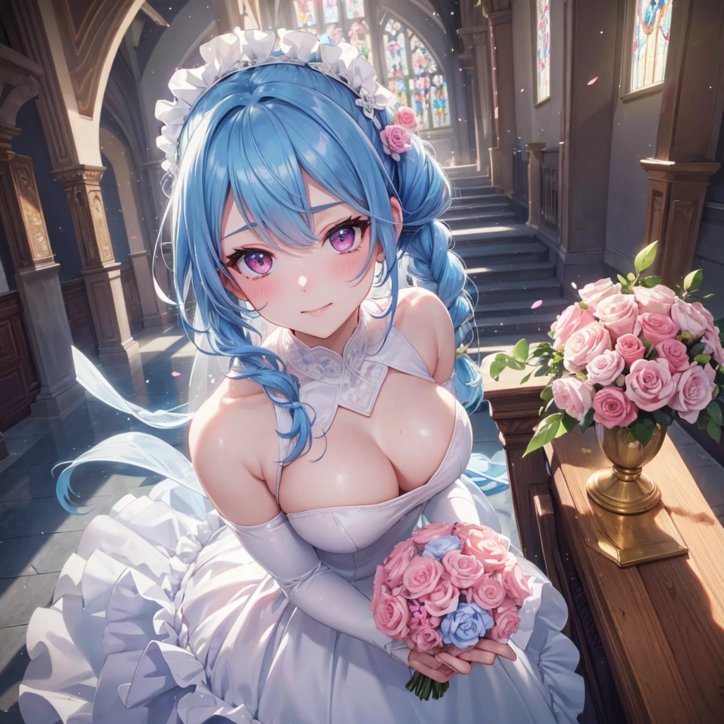 Sky blue hair, (Braided Ponytail),(Pink Eyes),Fair skin ,(whole body),(One girl),bride,A big smile,Straight bangs, 6月のbride,Wedding dress,(masterpiece, Highest quality, Very detailed, Best Shadow), (Detailed Background), (Beautifully detailed face), High Contrast, (Best lighting, Very delicate and beautiful), ((Cinematic Light)), colorful, Hyper Detail, Dramatic Light, Intricate details,Chapel background,Bouquet of roses,Ring on left ring finger,