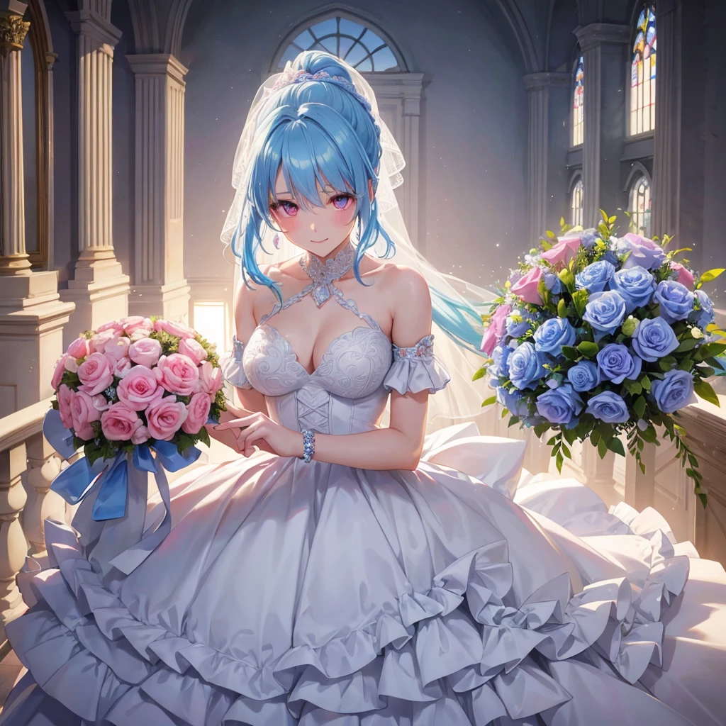 Sky blue hair, (Braided Ponytail),(Pink Eyes),Fair skin ,(whole body),(One girl),bride,A big smile,Straight bangs, 6月のbride,Wedding dress,(masterpiece, Highest quality, Very detailed, Best Shadow), (Detailed Background), (Beautifully detailed face), High Contrast, (Best lighting, Very delicate and beautiful), ((Cinematic Light)), colorful, Hyper Detail, Dramatic Light, Intricate details,Chapel background,Bouquet of roses,Ring on left ring finger,