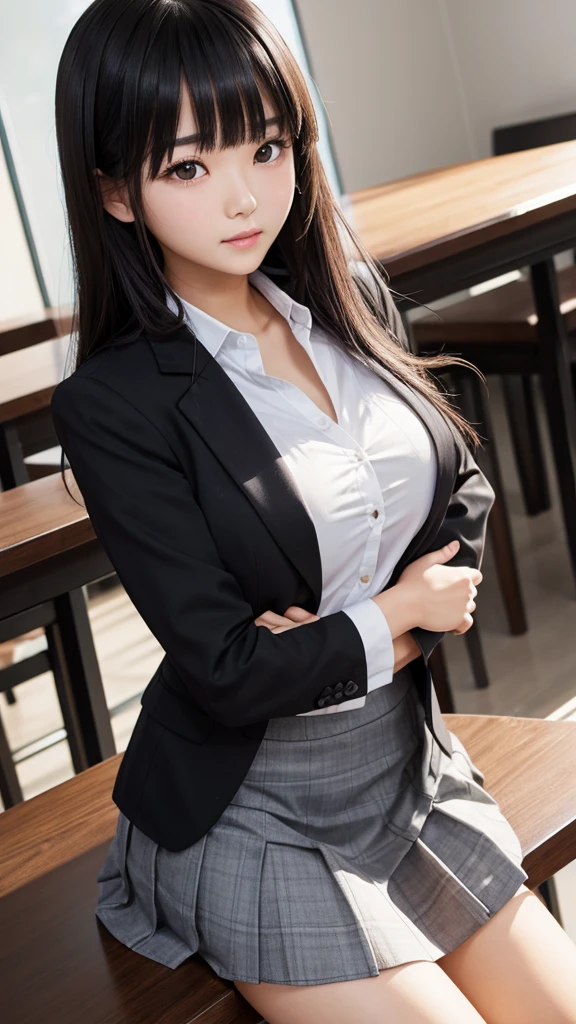 ((Tabletop)), (Detailed face), (highlight), Asian Girl、thigh、Black Hair、Heavy bangs、high school girl、skirt、blazer、Support your chest with your arms、Gazing Eyes、