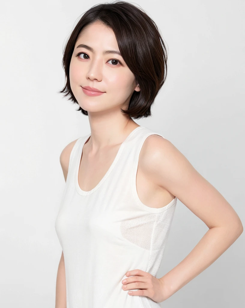 One Japan, petite physique, Ephemeral atmosphere, 50-year-old girl, Mature, with nasolabial fold, There are wrinkles at the corners of the eyes, Brown short bob hair, Smiling, Blue underwear on top and bottom, natural length arms, Photorealsitic, masutepiece, Best Quality, Detailed skin, Detailed eyes, ,8K, Good anatomy, Upper body portrait