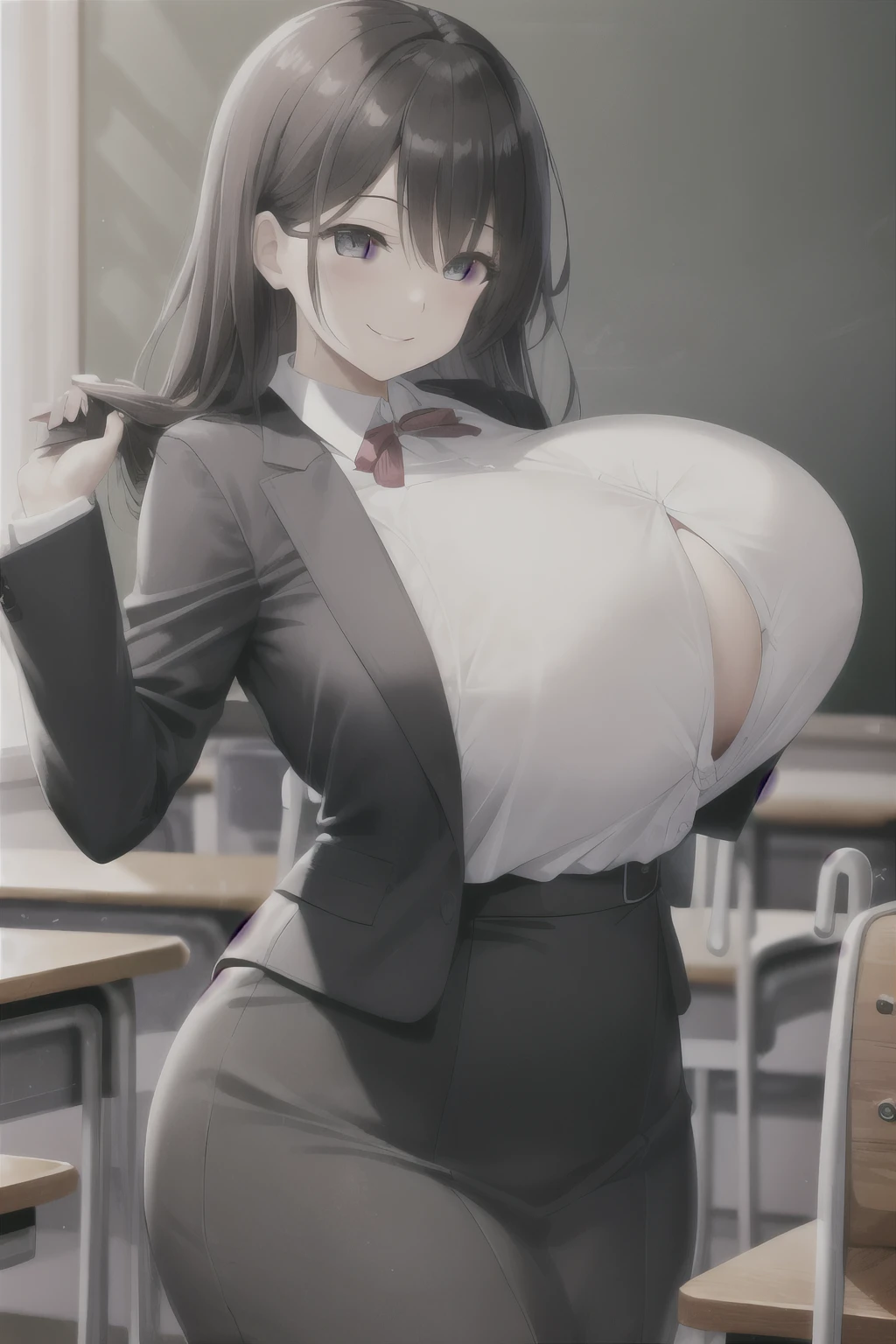 female teacher、Wear plain clothes、The top barely covers my chest、My breasts are so big that my clothes are tight、smile、輝くsmile、classroom、suit、gigantic breasts,bursting breasts、best quality, perfect skin