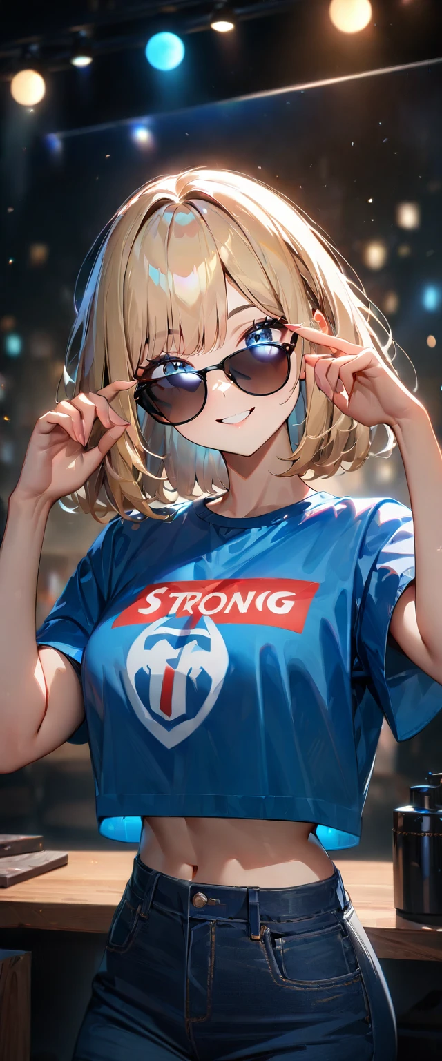 (((One girl))), beach, blond hair, bob cut, breasts, from front, (cowboy shot), (looking at viewer), ((black raw denim)), ((black crop top overhang)), short sleeves, Casual Stance, ((sunglasses)), arms up, midriff peek, ager, head tilt:1.3, (((blue eye))), ((happy smile)), anime style, (best quality, 4k, 8k, highres, masterpiece:1.2, ultra-detailed, ultra-detailed eyes, HDR, UHD, studio lighting, ultra-fine painting, sharp focus, physically-based rendering, extreme detail description, professional, vivid colors, bokeh), ((Highest quality, Best image quality, Ultra-high resolution, Ultra-high resolution, solo, Strong eye highlights)), Depth of written boundary, Natural soft light, attractive, Beautiful Face, Cleanliness, Pure Face, nedium chest, Beautiful Face, Perfect Fingers, Perfect hands, Perfect body, Perfect Face, Shine a light into your eyes, Perfect Anatomy