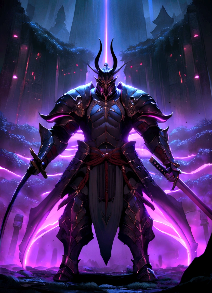 Samurai ready to fight,neon lights,dark fantasy atmosphere,Evening,8 k,Cinematic lighting,with a katana,Pylons,Rios,Fully armed