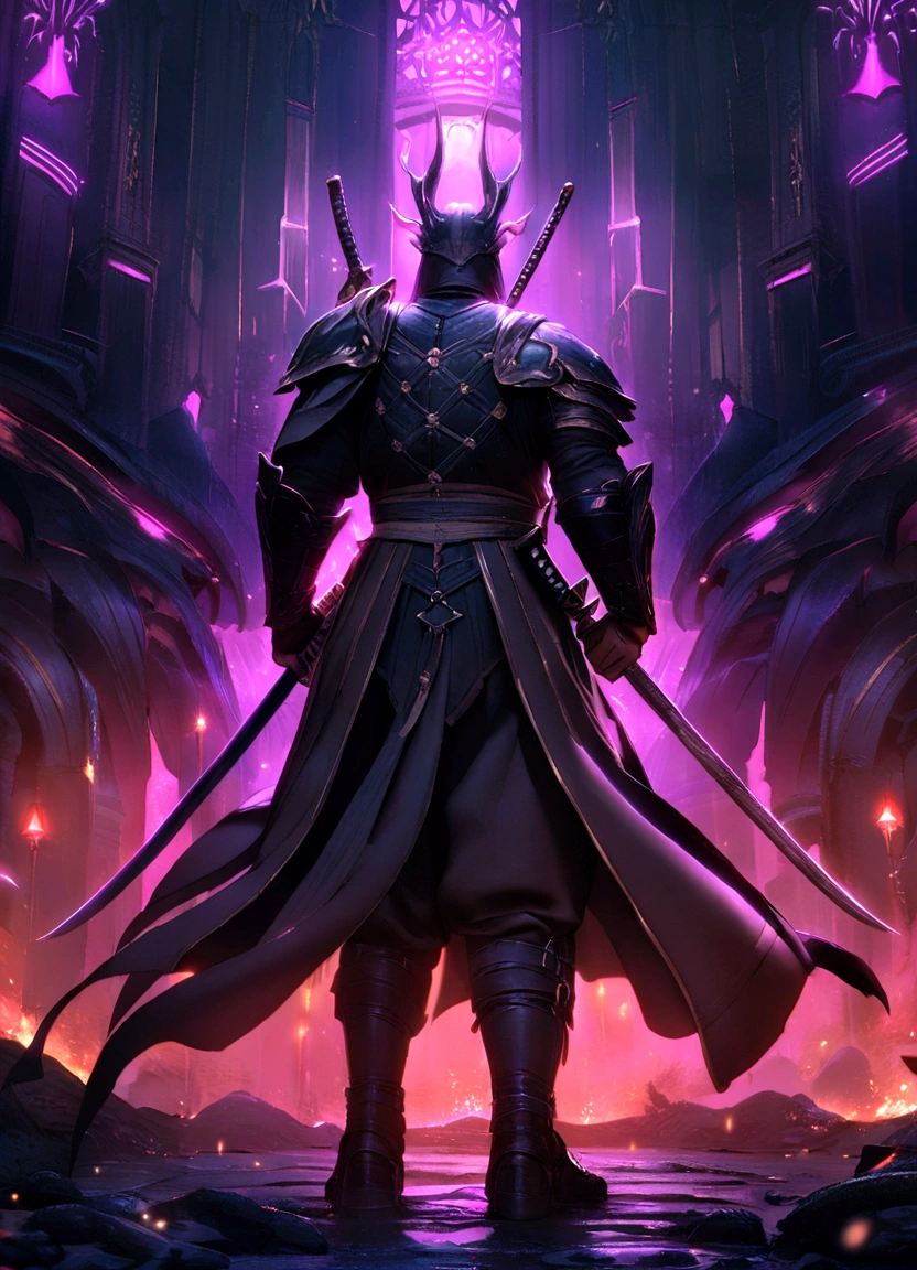 Samurai ready to fight,neon lights,dark fantasy atmosphere,Evening,8 k,Cinematic lighting,with a katana,Pylons,Rios,Fully armed