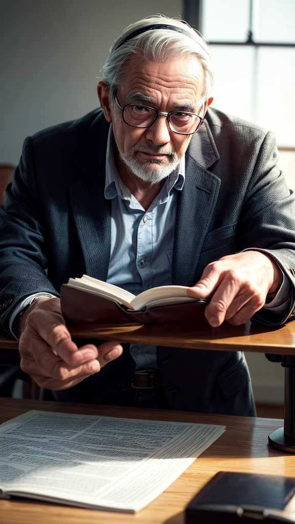 A senior man with glasses on his head, searching on a desk, detailed face and expression, old man, glasses, desk, searching, intricate details, high quality, photorealistic, 8k, masterpiece, warm lighting, cinematic, moody, dramatic lighting