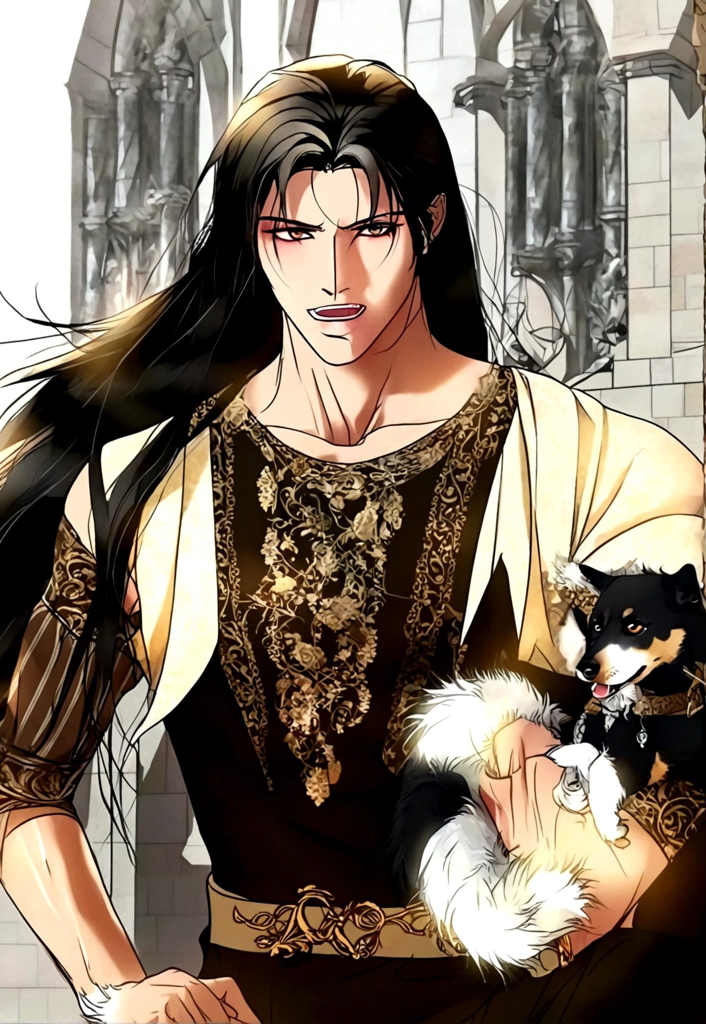 an attractive man with honey-colored eyes, looking 20 years old, BROWN SKIN, canine teeth with prominent fangs, elegantly cut short black hair, Medium build and tall with defined muscles, and wearing medieval renaissance gothic clothes (full body image) friendly and flirtatious expression