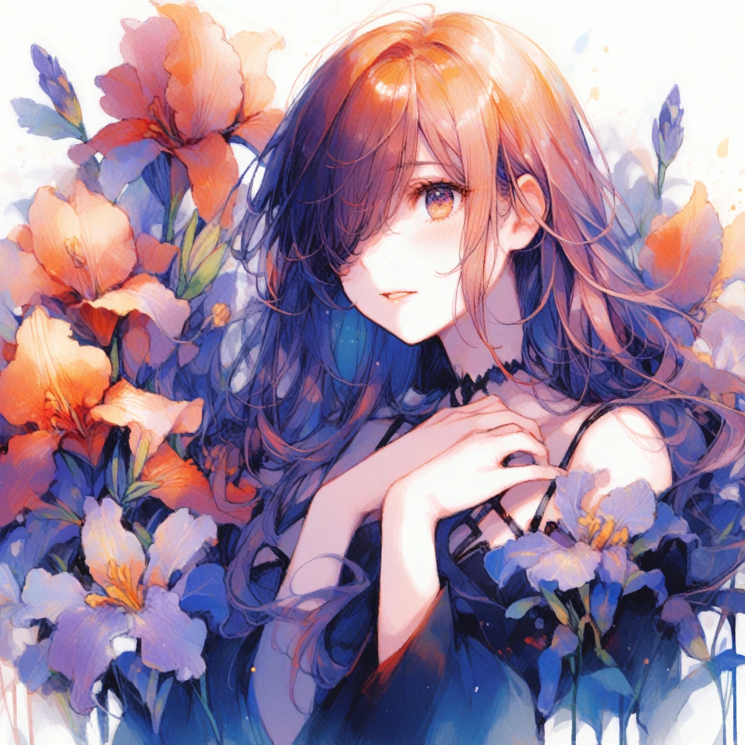 1girl、German Iris、「Burning passion」「passion」、Hiding one eye with hair、tegaki