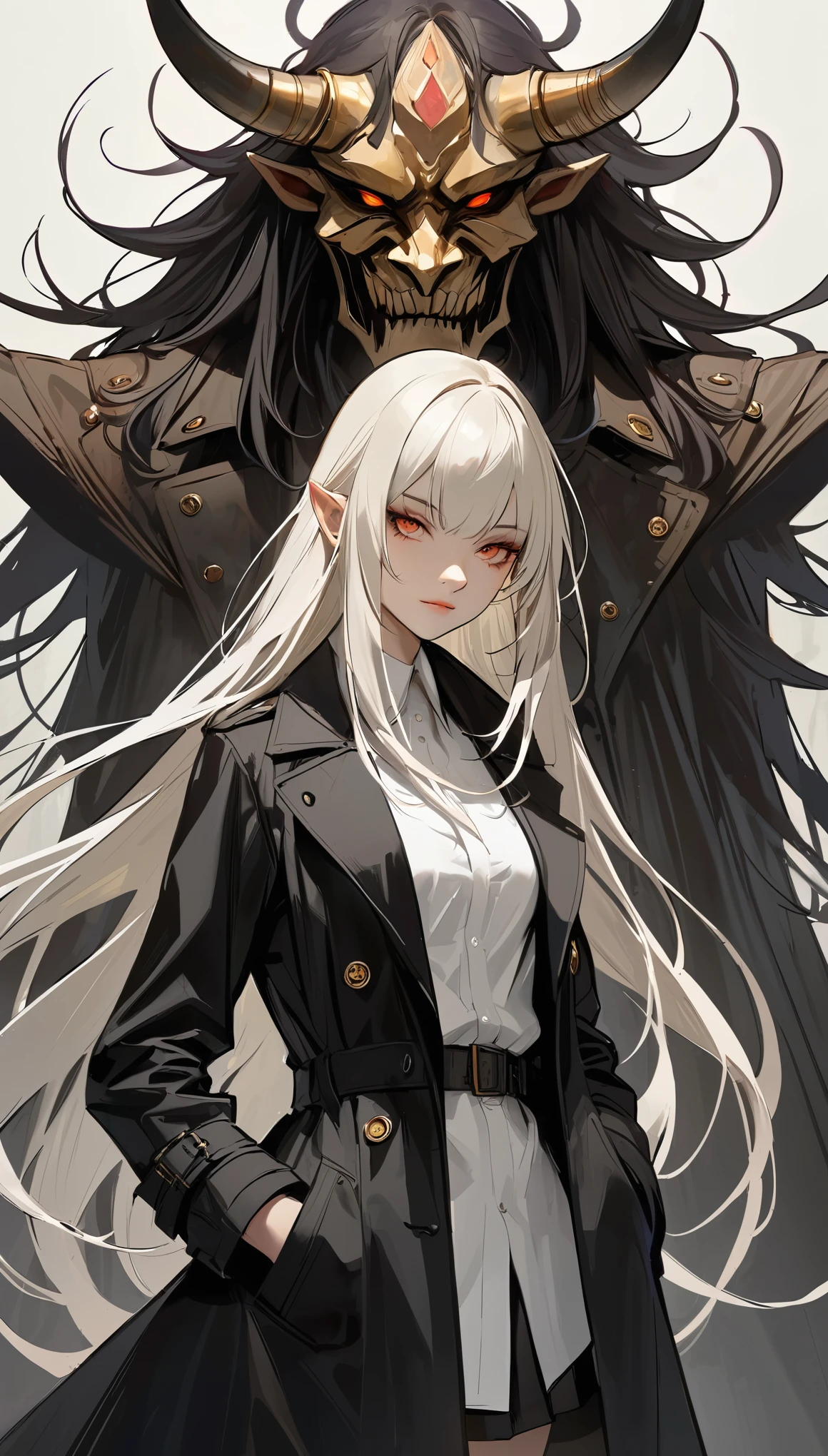 in style of Ashley Wood,in style of Santiago Caruso,
((masterpiece, best quality)),(illustration),(detailedLight),((Extremely exquisite and beautiful)),1 Girl,Black long trench coat,White shirt,Long hair,Silver long hair,Dark shadows,oni_mask,vivid color,