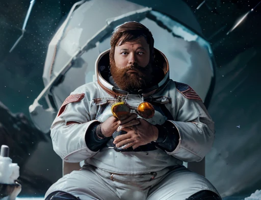  (((Bearded, chubby astronaut with extremely thick thighs is kneeling with his hand on his chest feeling a lot of pain))), icy mountains snowy place, the Astronaut using binoculars to observe( frontal image) Holding a pair of binoculars. dynamic photography.