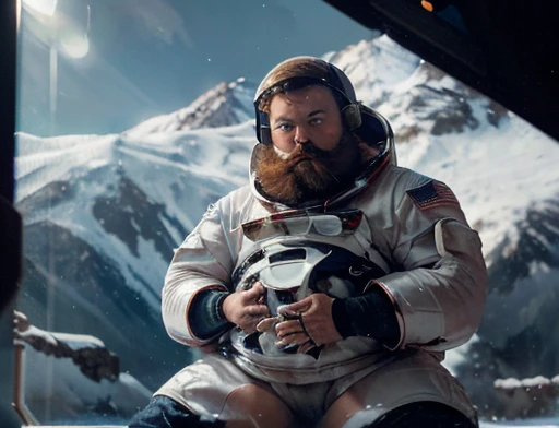 (((Bearded, chubby astronaut with extremely thick thighs is kneeling with his hand on his chest feeling a lot of pain))), icy mountains snowy place, the Astronaut using binoculars to observe( frontal image) Holding a pair of binoculars. dynamic photography.