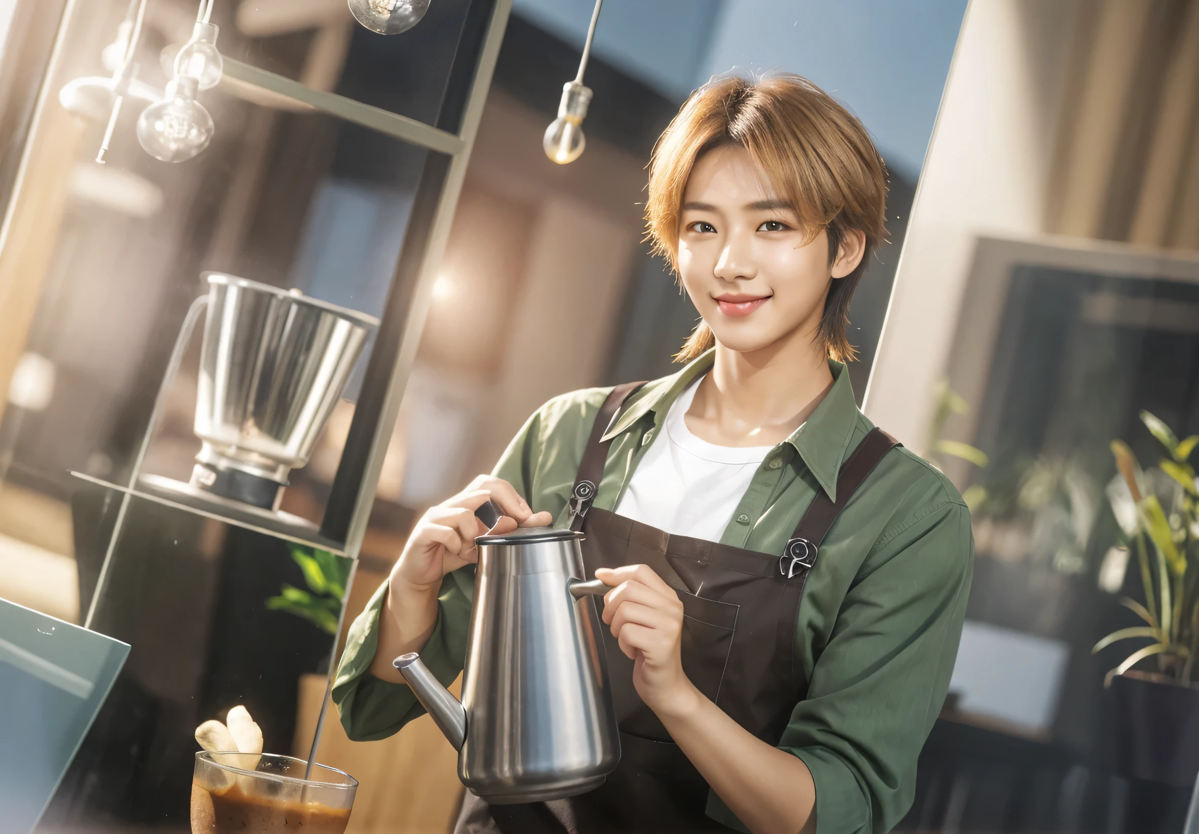 realism,photorealism,hd,4k,8hd
1boy,Korean guy,Very beautiful, model appearance, photogenic, Good quality, nice light,Work in a cafe, barista apron, brown eyes,blond long hair, cup, green shirt, holding, indoors, kettle, long sleeves, looking at viewer, male focus, medium hair, mole, mole under eye, plant, potted plant, pouring, red eyes, reflection, shirt, smile, solo, star \(symbol\), teapot, upper body, white shirt, window