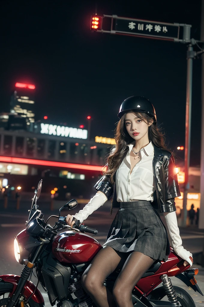 (((best quality))),(((ultra detailed))),(((masterpiece))),illustration,(1 beautiful girl,solo),((slim,thin)),((small breasts,flat chest)),(safety helmet:1.3),shoulder length straight bob hair,slender legs,cyberpunk, urban street,high school student, JK outfit,(riding on a motorcycle:1.3), sleek, (white collared short-sleeved shirt:1.3),(gloves:1.2),(red checkered pleated skirt:1.3),(pantyhose:1.3), stylish boots, confidence, determination, dark streets,neon lights, skyscrapers, urban noises, traffic, sirens, city sounds, futuristic, dystopian society, technology, fashion, explosive cocktail, style, , modernity, attitude, spirit, anything is possible,from front