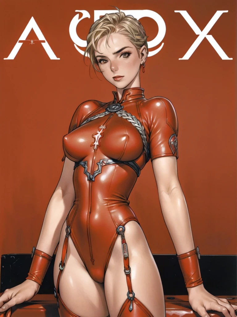 (((aback view))), (((bunda perfeita))), A athletic 25-year-old Russian warrior woman almost naked in the Simon Bisley style for the cover of Heavy Metal magazine, bare thighs, garter belt, super short blonde hair, Minimum clothing, red carbon fiber clothing in chevron pattern, ((((red clothing))), (((short-cut))), ((Annie Lennox)), (((mature woman))), full body