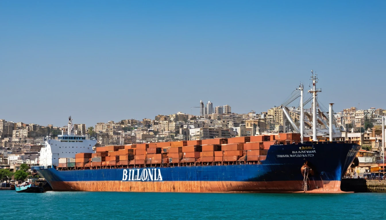 large freight ship moored in the port of the city of Babilonia, in the background a spice market
