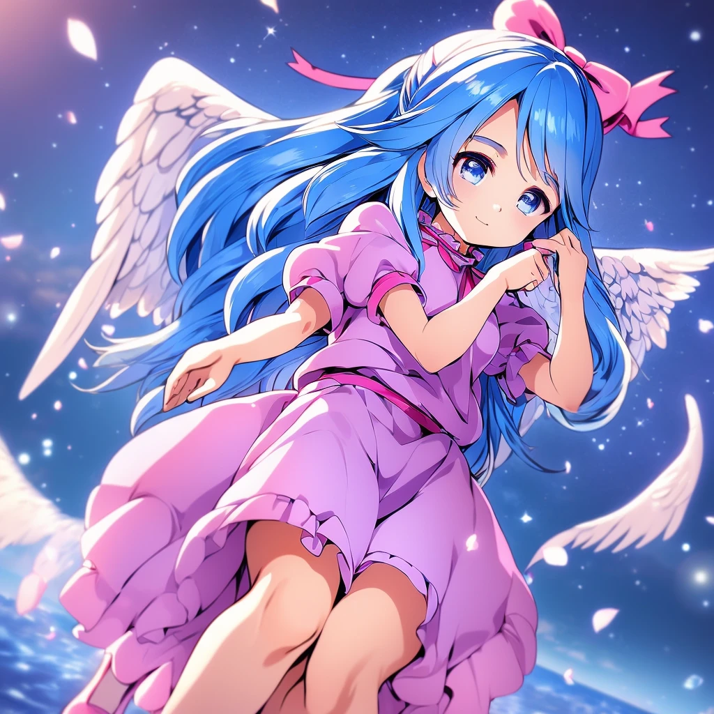 masterpiece, best quality, 1girl, , , 10 years old, medium blue hair, hair flaps, pink ribbon on head, well-formed face, blue eyes, angel girl, white blouse, puffy short sleeves, red ribbon, angel wings, long white skirt, red shoes, frills, ribbon head