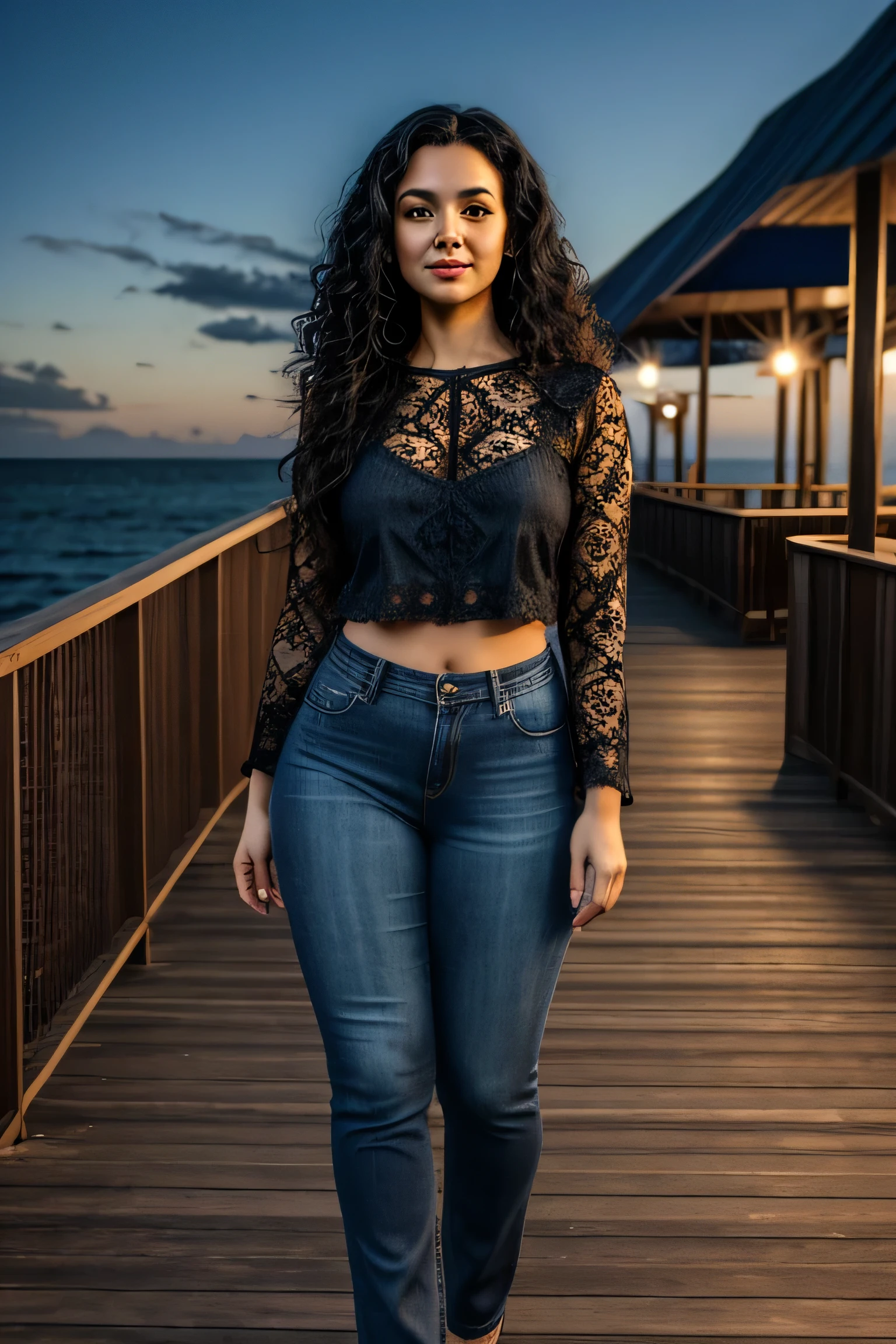 woman, long curly black hair, brown lace top, blue denim pants, wide hips, thick legs, looking at the camera, at night, on a boardwalk with an ocean view, photorealistic